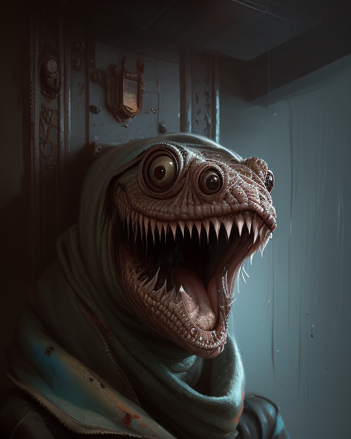 A grinning reptilian head pushes through a wall=