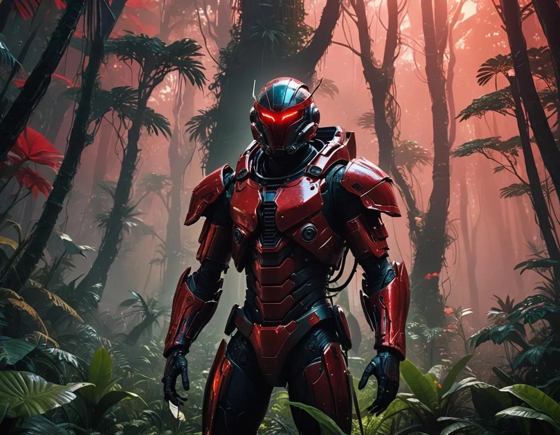 a warrior in red armour on a forest planet